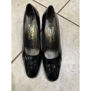 Salvatore Ferragamo Black Patent Leather Silver Heel Pumps Sz 8 Made In Italy